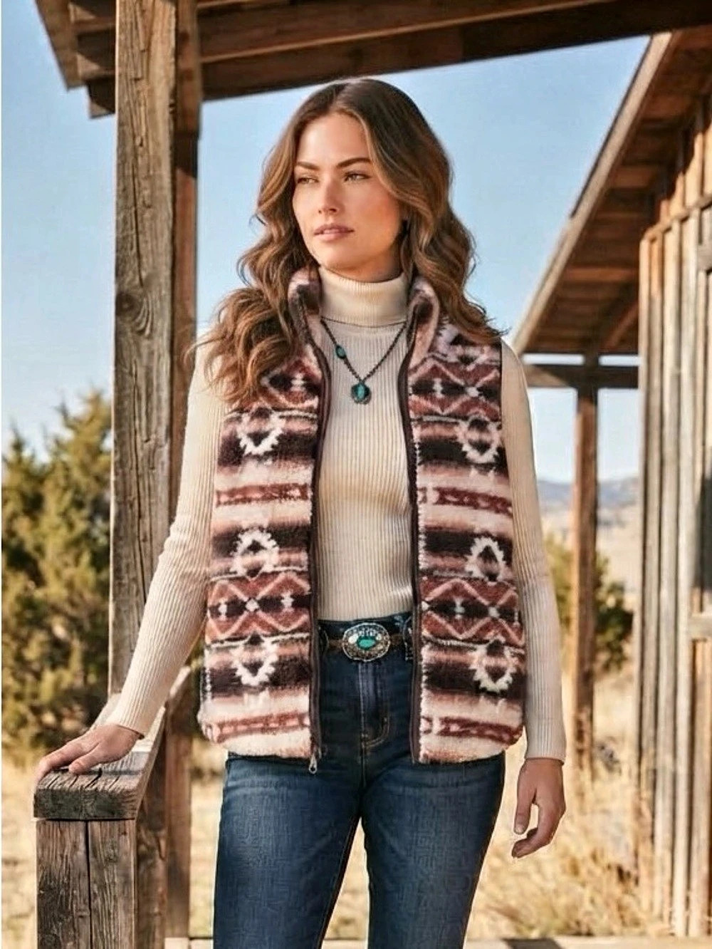 Southwest Aztec Sherpa Quilted Puffer Reversible Vest Mauve Purple Pink Brown M